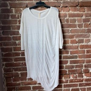 Raquel Allegra signature shredded tee dress. Tonal white subtle stripe.